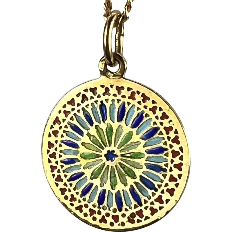 Pamono French Window Plique a Jour Enamel 18k Yellow Gold Pendant Medal, 1940s> Necklaces