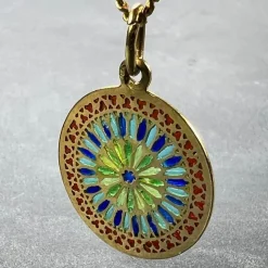 Pamono French Window Plique a Jour Enamel 18k Yellow Gold Pendant Medal, 1940s> Necklaces