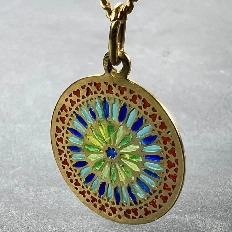 Pamono French Window Plique a Jour Enamel 18k Yellow Gold Pendant Medal, 1940s> Necklaces