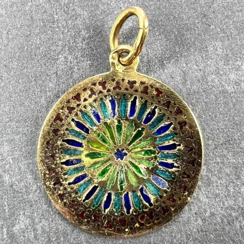 Pamono French Window Plique a Jour Enamel 18k Yellow Gold Pendant Medal, 1940s> Necklaces