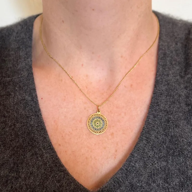 Pamono French Window Plique a Jour Enamel 18k Yellow Gold Pendant Medal, 1940s> Necklaces