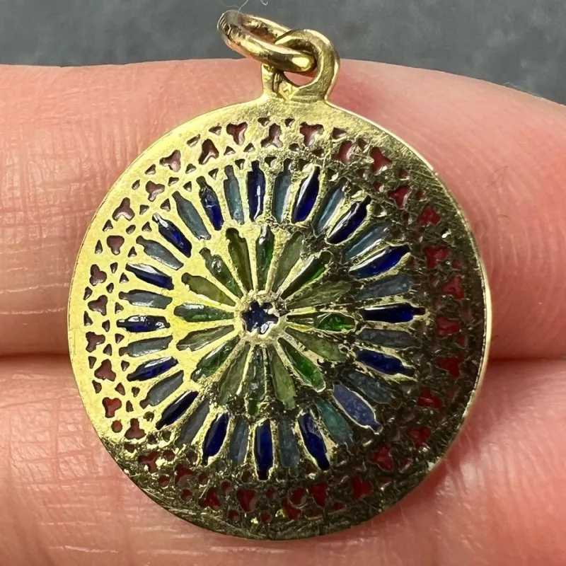 Pamono French Window Plique a Jour Enamel 18k Yellow Gold Pendant Medal, 1940s> Necklaces
