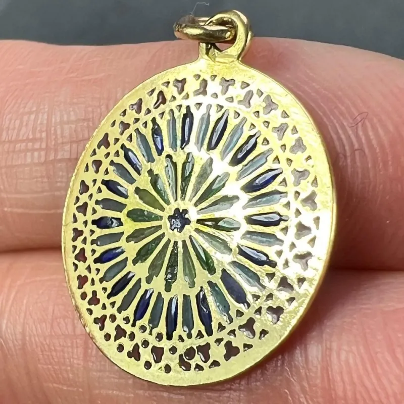 Pamono French Window Plique a Jour Enamel 18k Yellow Gold Pendant Medal, 1940s> Necklaces