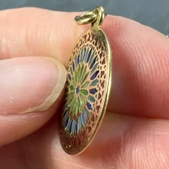 Pamono French Window Plique a Jour Enamel 18k Yellow Gold Pendant Medal, 1940s><noscript><img width=