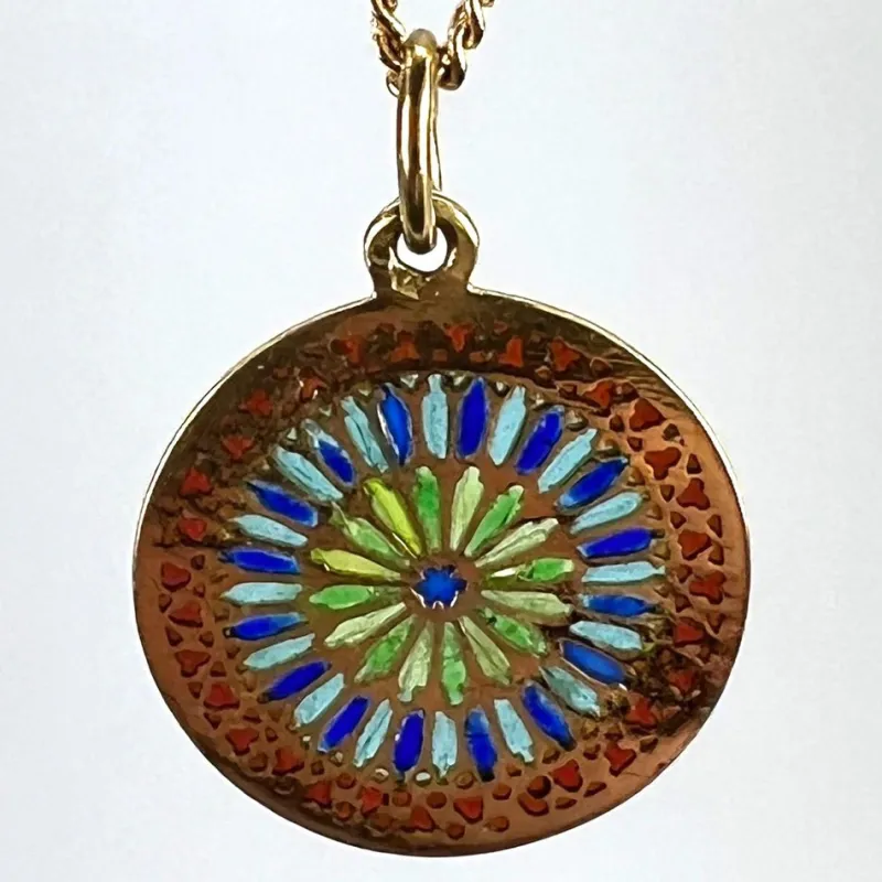 Pamono French Window Plique a Jour Enamel 18k Yellow Gold Pendant Medal, 1940s> Necklaces
