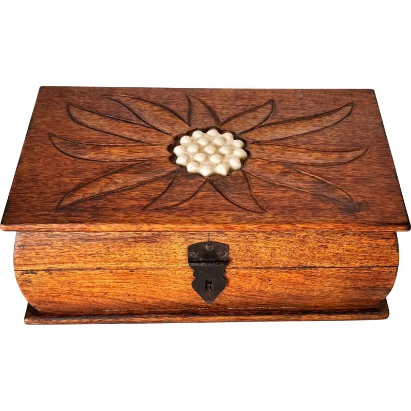 Pamono French Wooden Box with Geometric Floral Ceramic Inlay, 1950s> Trunks Crates & Baskets