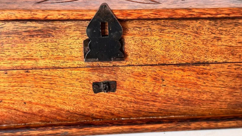 Pamono French Wooden Box with Geometric Floral Ceramic Inlay, 1950s> Trunks Crates & Baskets