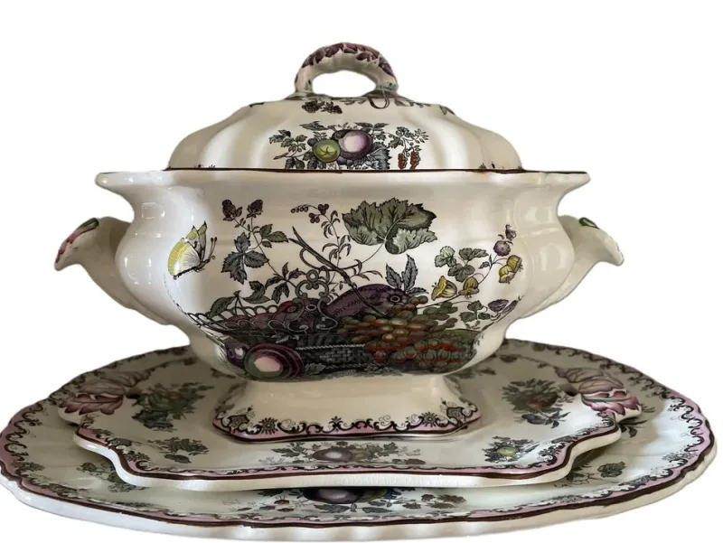 Pamono Fruit Basket Soup Tureen with Serving Plates and Ladle, 1950s, Set of 4> Serving Dishes