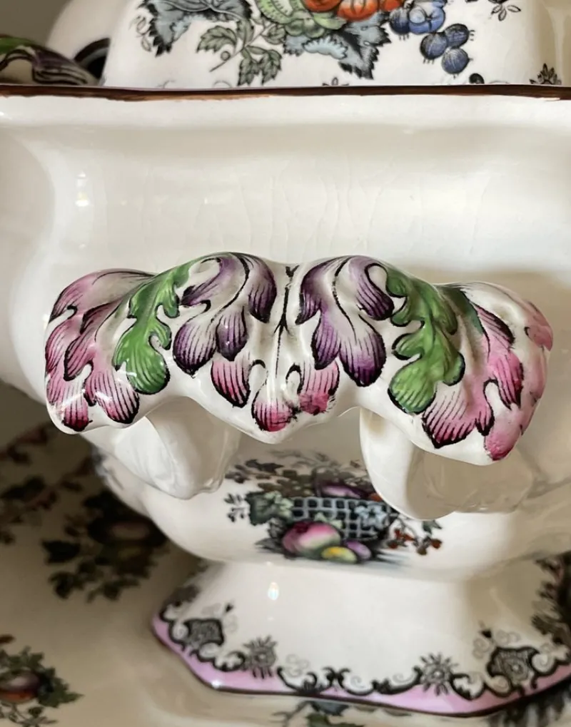Pamono Fruit Basket Soup Tureen with Serving Plates and Ladle, 1950s, Set of 4> Serving Dishes