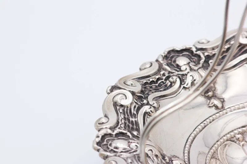 Pamono Fruit Bowl in Embossed Silver with Double Wire Handle> Bowls