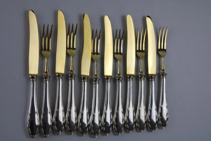 Best Pamono Fruit Cutlery with 800 Silver Handle & Gilded Stainless Steel Blade, 1900s, Set of 12