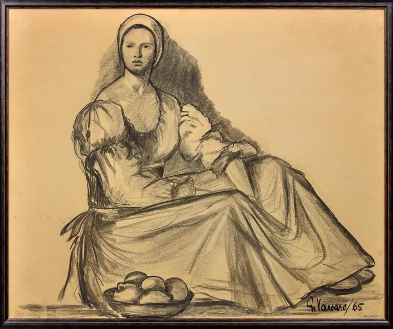 Pamono G. Vaccaro, La Contadina, 1865, Charcoal & Pencil on Paper> Work On Paper