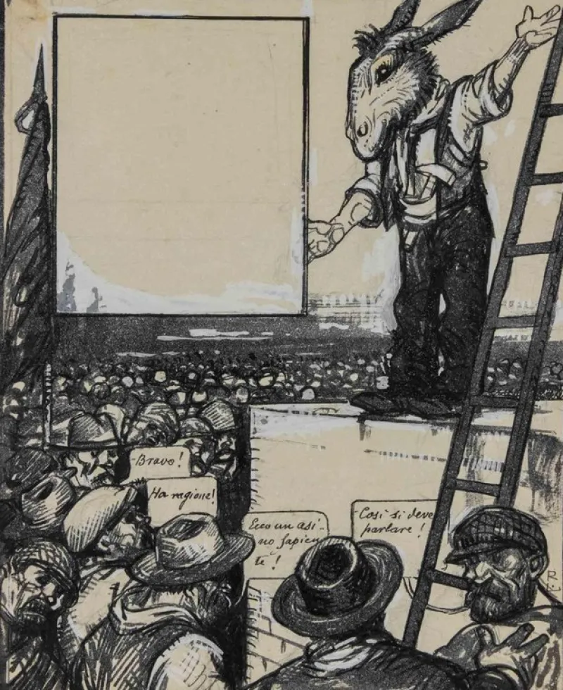 Pamono Gabriele Galantara, Vote for the Donkey, Mixed Media Drawing, 1919> Art Nouveau|Work On Paper