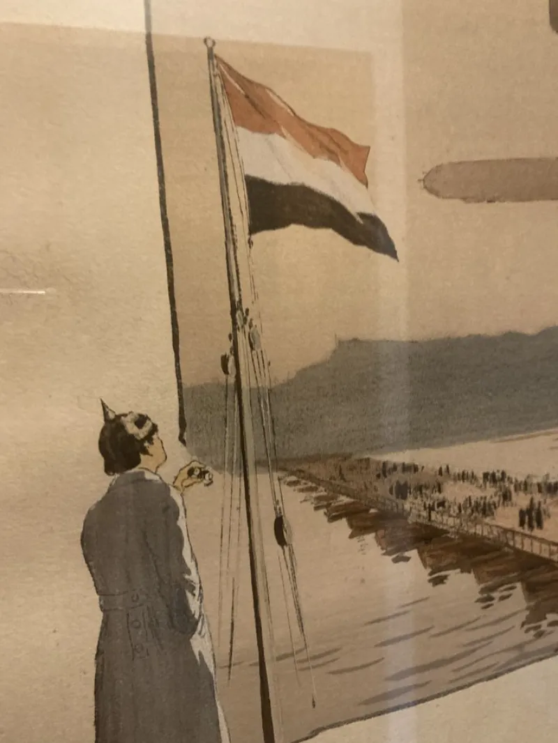 Pamono Gamy / Marguerite Montaut, Les Dirigeables Parceval et Gross en Manoeuvre à Cologne, Gouache & Lithograph, Framed> Art Nouveau