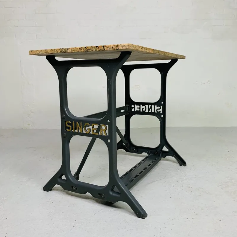 Pamono Garden Table with Marble Top on Singer Cast Iron Frame, 1950s