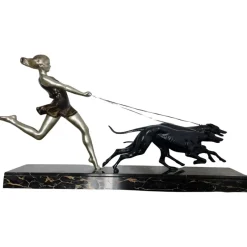 New Pamono Geo Maxim, Art Deco Sculpture of Young Girl Running with Greyhounds, 1920s, Metal on Marble Base