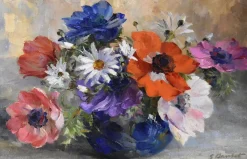 Pamono Georges Danset, Anemones and Daisies, Oil on Canvas, Early 20th Century><noscript><img width=