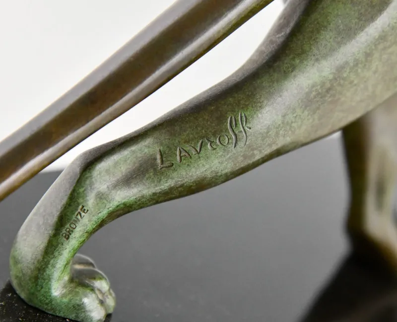 Pamono Georges Lavroff, Art Deco Panther Sculpture, 1945, Bronze & Marble> Art Deco