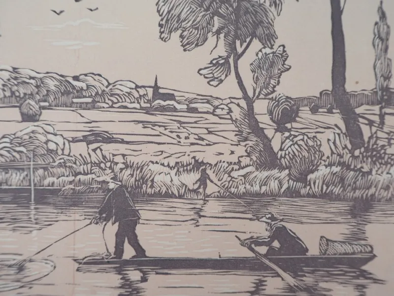 Pamono Georges Le Meilleur, Fishing: The Stroke of the Hawk, 1926, Original Woodcut> Impressionist