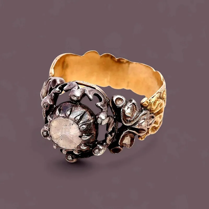 Outlet Pamono Georgian Rose-Cut Diamond Solitaire Ring in 18-Karat Gold and Silver, 1790