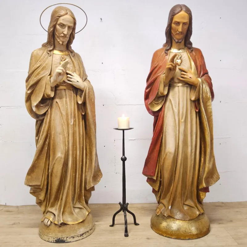 Pamono Gerard Linssen, Large Jesus Christ Sacred Heart Statues, 1890s-1910s, Plaster, Set of 2> Classical|Sculpture