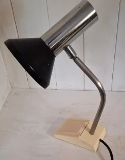 Pamono German Adjustable Desk Lamp with Cream-Colored Plastic Base, Chrome-Plated Metal Frame and Black Reflector Shade from Hoffmeister Leuchten, 1970s><noscript><img width=