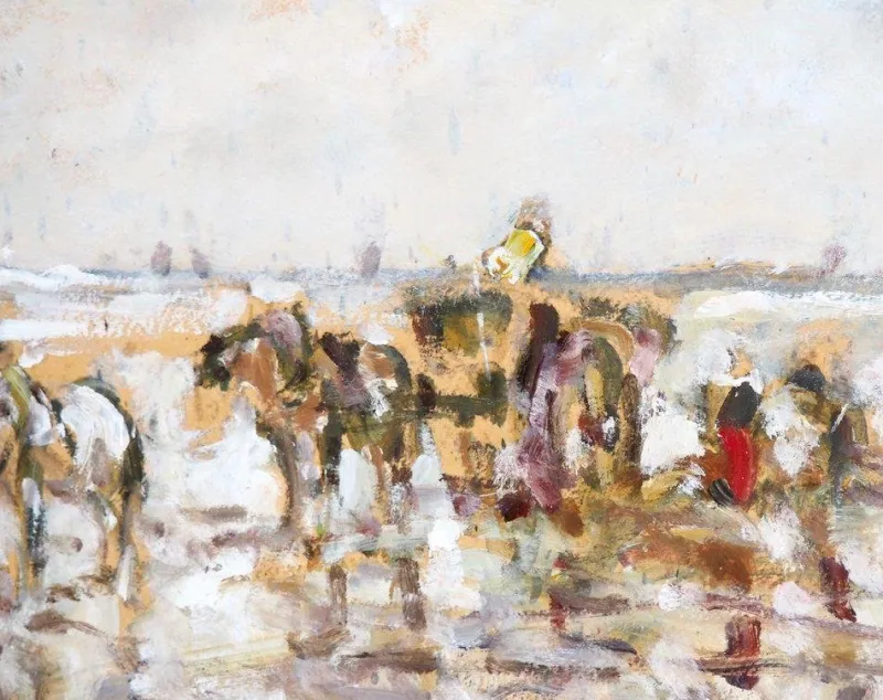 Pamono German Artist, Impressionist Landscape with Figures, Painting, Framed> Impressionist