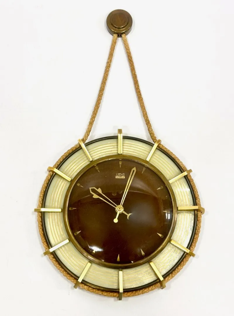 Pamono German Brass Wind Up Wall Clock with Rope Hanger by UPG Halle, 1960s> Clocks