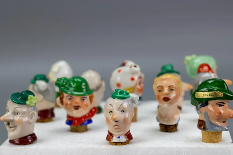 Pamono German Porcelain and Cork Bottle Stoppers, 1930s, Set of 13> Bottles, Carafes & Jugs