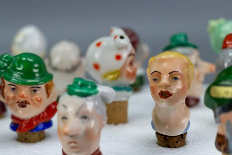 Pamono German Porcelain and Cork Bottle Stoppers, 1930s, Set of 13> Bottles, Carafes & Jugs
