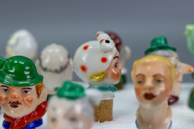 Pamono German Porcelain and Cork Bottle Stoppers, 1930s, Set of 13> Bottles, Carafes & Jugs