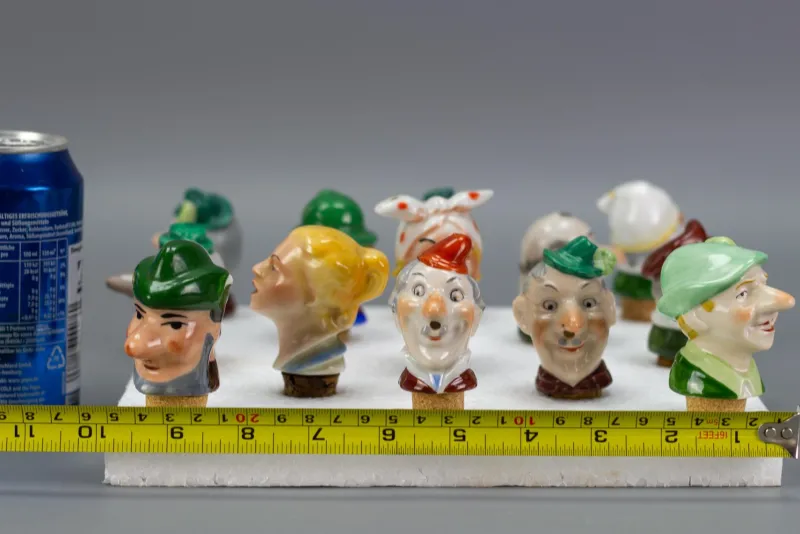 Pamono German Porcelain and Cork Bottle Stoppers, 1930s, Set of 13> Bottles, Carafes & Jugs