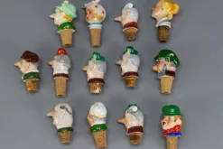 Pamono German Porcelain and Cork Bottle Stoppers, 1930s, Set of 13><noscript><img width=