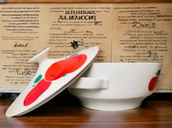 Pamono German Red Apple Print Porcelain Soup from Colditz GDR, 1990s><noscript><img width=