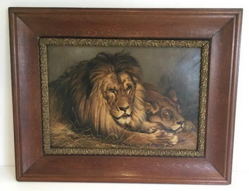 New Pamono Geza Vastagh, Lion and Lioness, 1900s, Oil on Canvas, Framed
