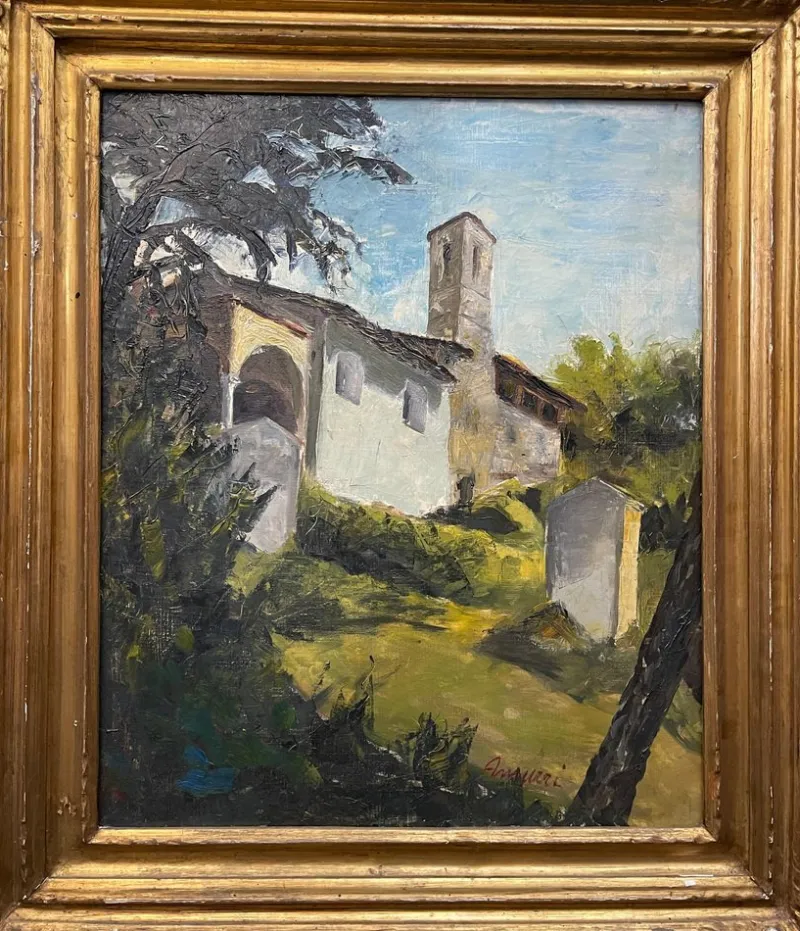 Pamono Giancarlo Amurri, View of a Small Church, 20th Century, Oil Painting on Canvas> Painting