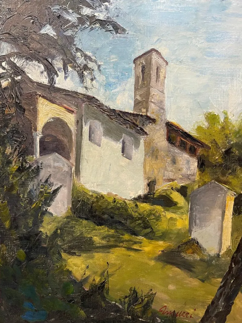 Pamono Giancarlo Amurri, View of a Small Church, 20th Century, Oil Painting on Canvas> Painting