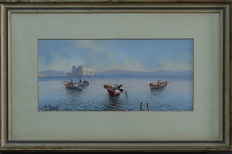 Outlet Pamono Gianni Girolamo, Neapolitan Landscape, 1800s, Tempera, Framed