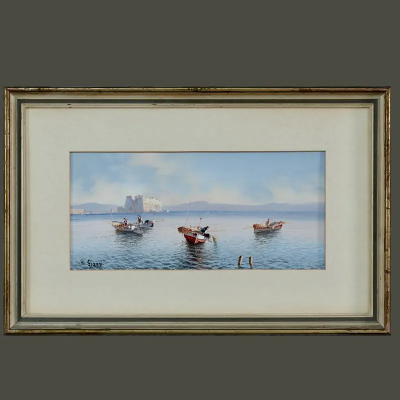 Outlet Pamono Gianni Girolamo, Neapolitan Landscape, 1800s, Tempera, Framed