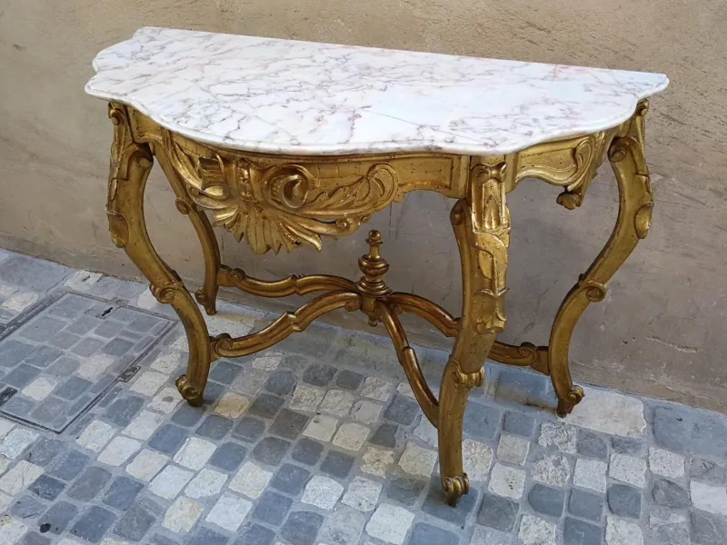 Outlet Pamono Gilded and Carved Console with White Marble Top