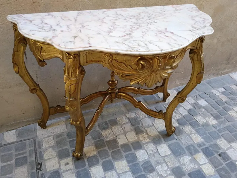 Outlet Pamono Gilded and Carved Console with White Marble Top