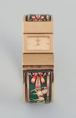 Pamono Gilded Metal & Enamel Work Wristwatch from Hermes, 1970s><noscript><img width=