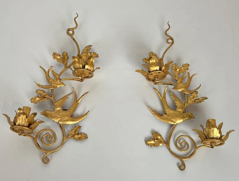 Pamono Gilded Metal Bird Wall Lights in the style of Maison Baguès, Set of 2> Wall Lights & Sconces