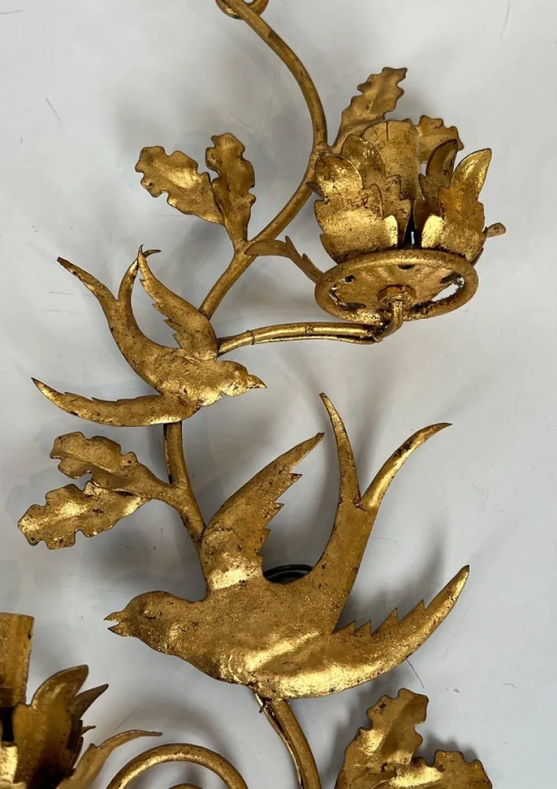 Pamono Gilded Metal Bird Wall Lights in the style of Maison Baguès, Set of 2> Wall Lights & Sconces