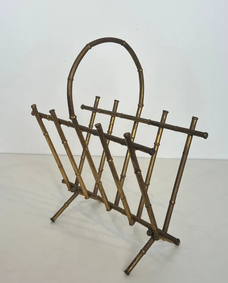 Pamono Gilded Metal Faux Bamboo Magazine Holder attributed to Maison Baguès