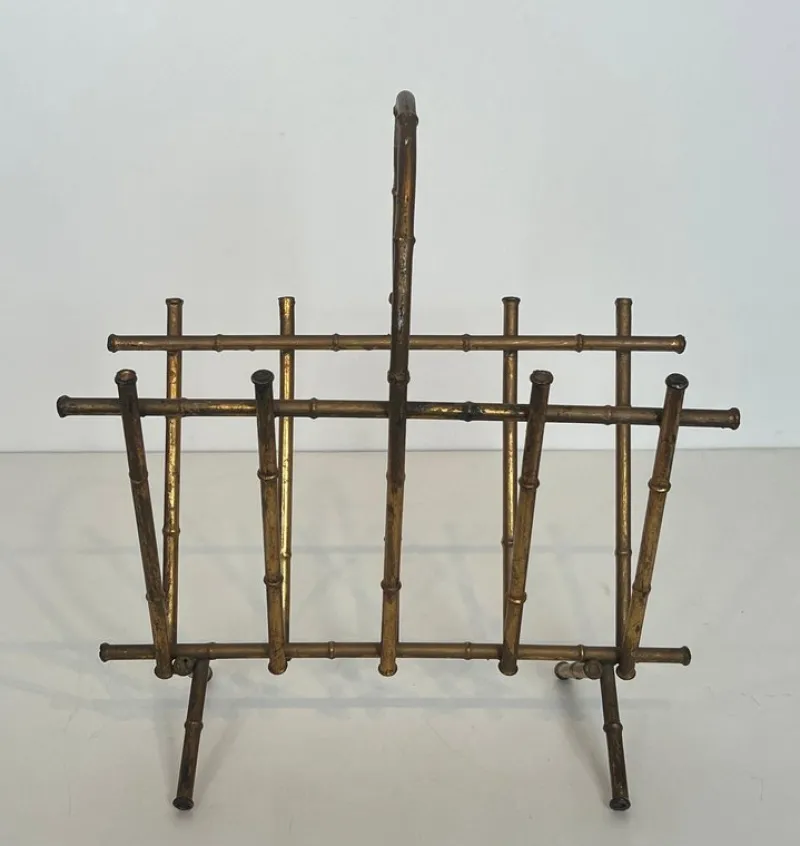 Pamono Gilded Metal Faux Bamboo Magazine Holder attributed to Maison Baguès