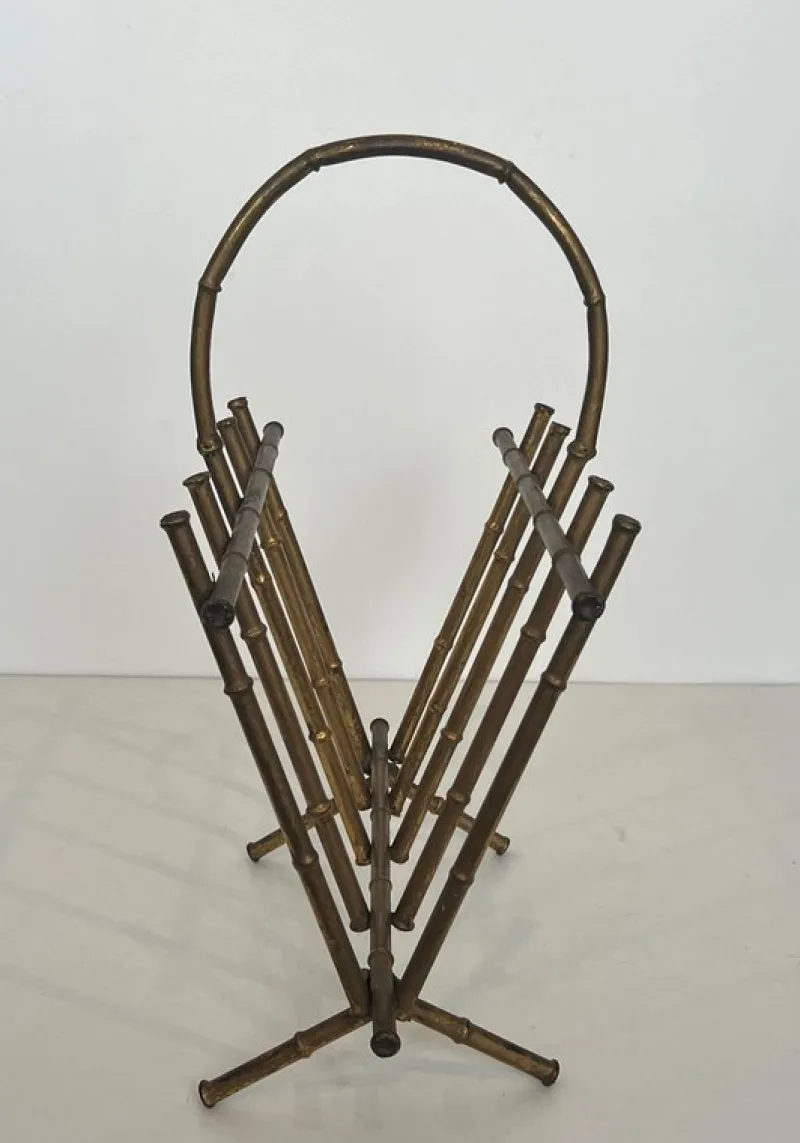 Pamono Gilded Metal Faux Bamboo Magazine Holder attributed to Maison Baguès