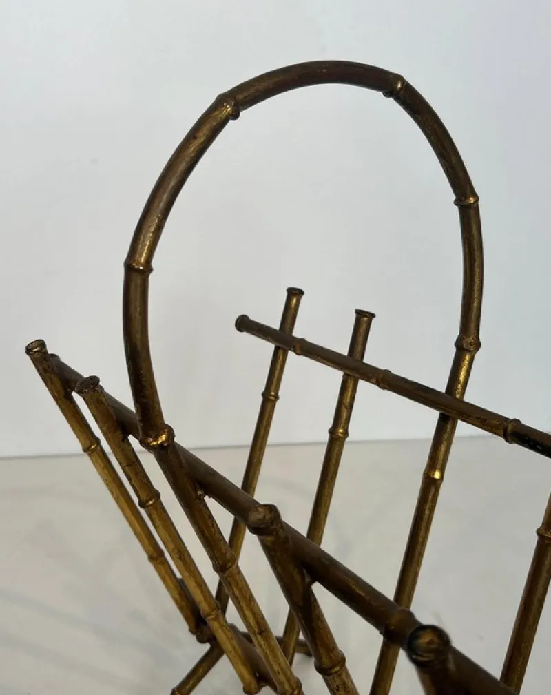 Pamono Gilded Metal Faux Bamboo Magazine Holder attributed to Maison Baguès