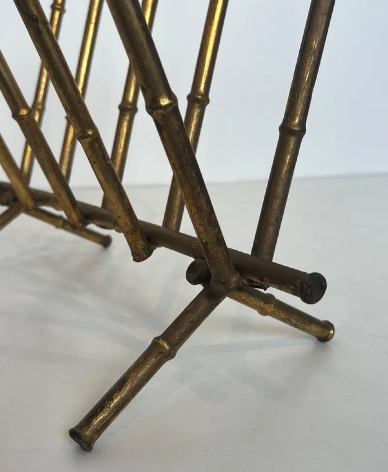 Pamono Gilded Metal Faux Bamboo Magazine Holder attributed to Maison Baguès