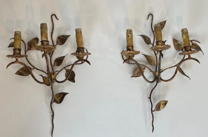 Discount Pamono Gilded Metal Wall Lights with 3 Light Arms and Leaf Decorations, Set of 2